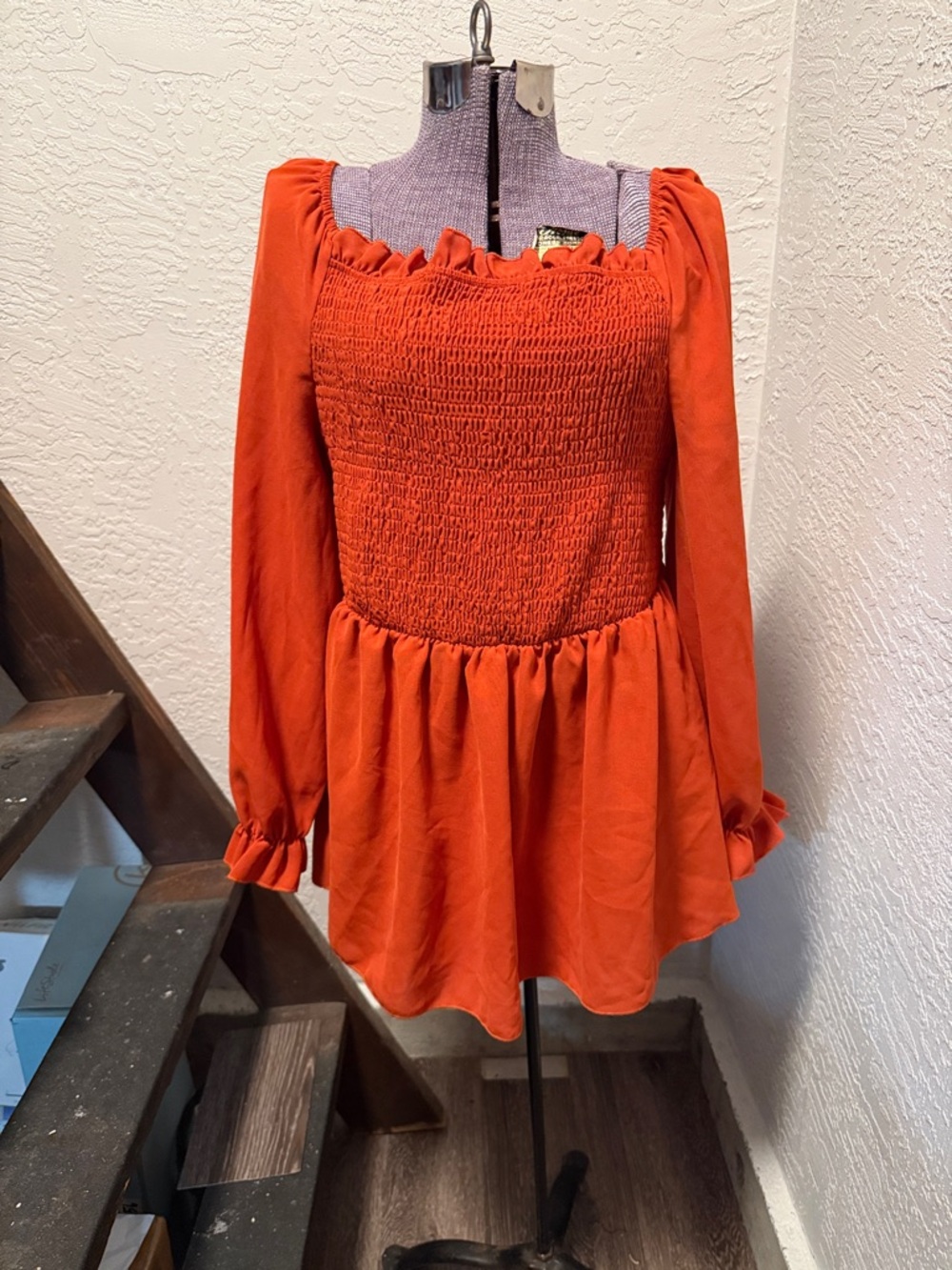 SHEIN Orange Smocked Long Sleeve Peplum Top